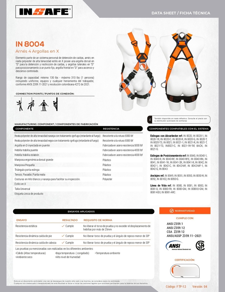 Arnes Con Eslinga Posicionamiento Regulable Certificada Único Naranja