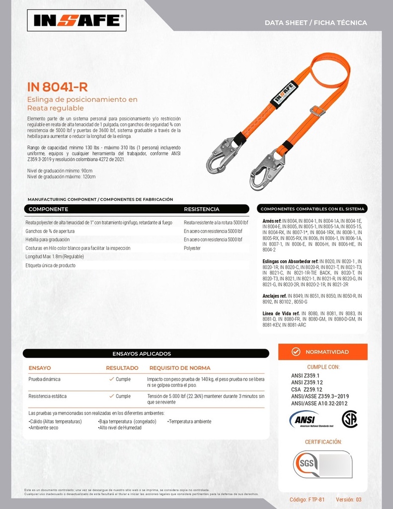 Arnes Con Eslinga Posicionamiento Regulable Certificada Único Naranja